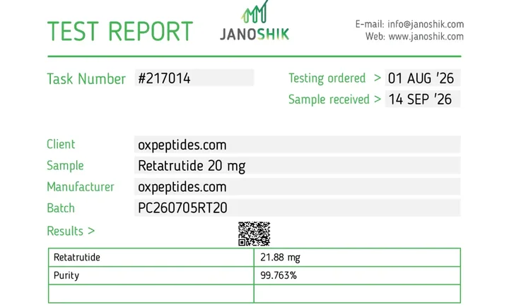 Janoshik-Bericht 217014, Retatrutide 20 mg: 21,88 mg, Reinheit 99,763 %